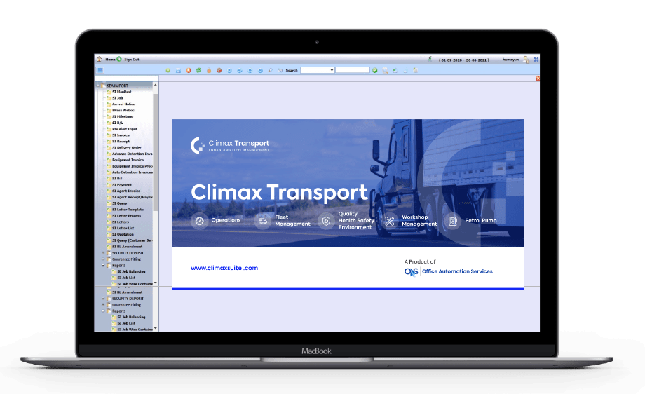 Climax Transport Dashboard Screenshot